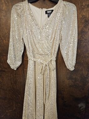 DKNY Champagne Sequin Wrap  Dress